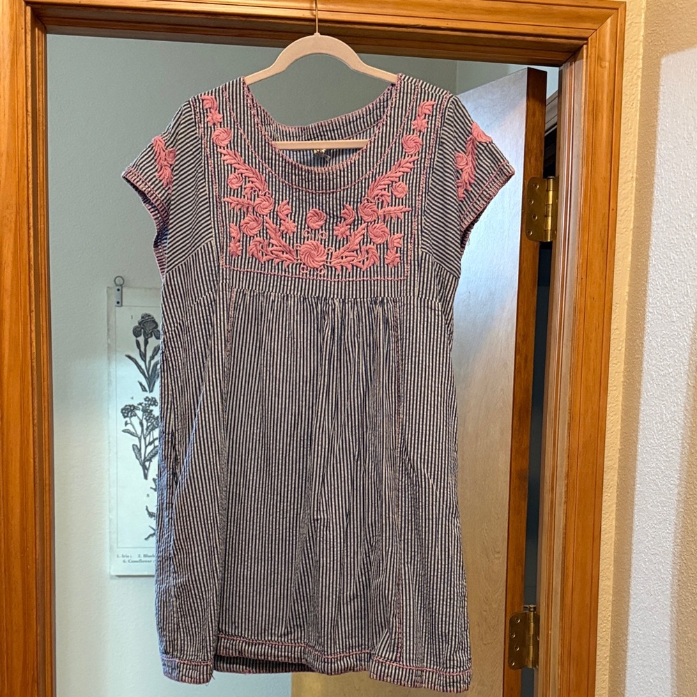Ivy Jane Seersucker Striped Dress with Pink Embroidery